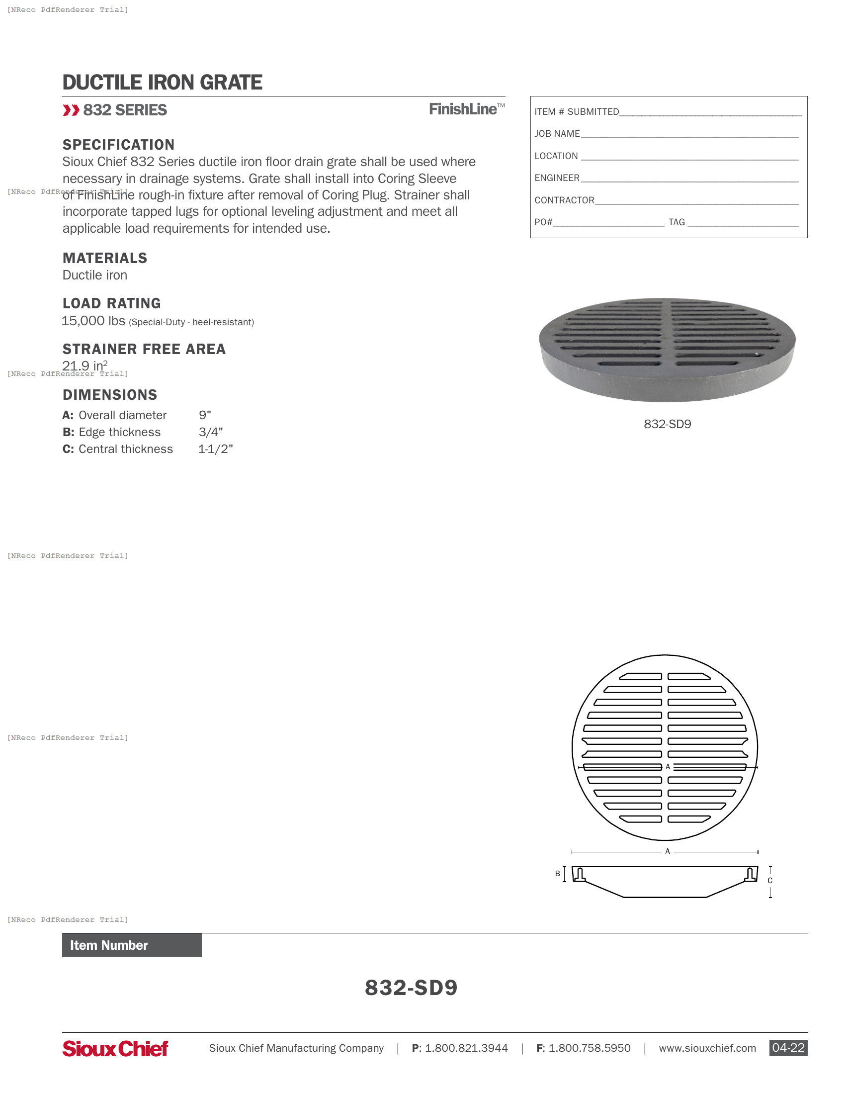 832-SD9 - LOOSE-SET SD GRATE FOR XL FINSHLINE SLEEVE - SPEC SHEET.PDF Specification Document
